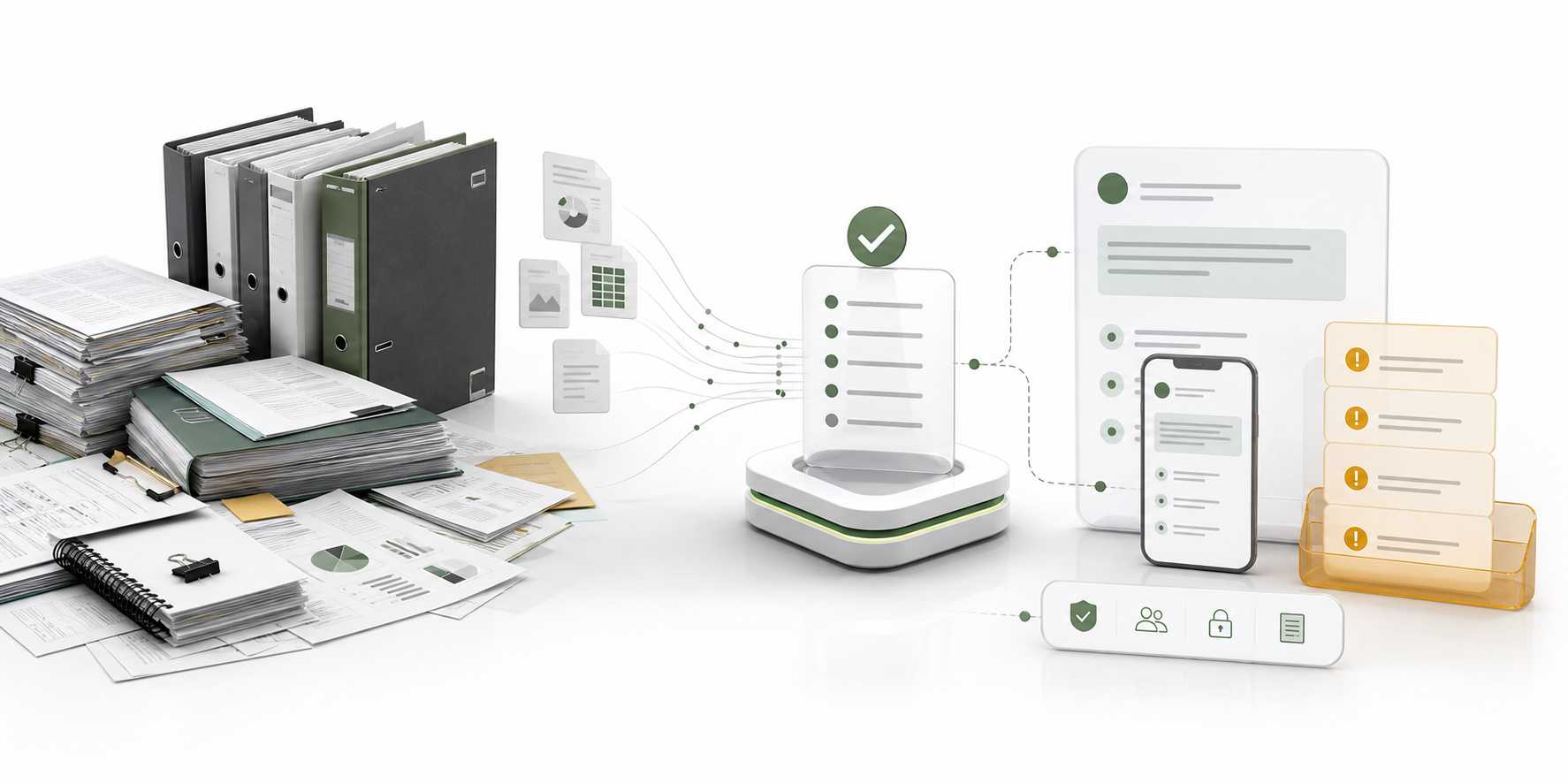 Company documents flowing into a governed answer workflow and knowledge gap queue.